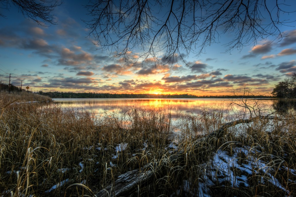 An HDR photograph taken over the front lake at the Stafford Forge Wildlife Management Area. This photograph features a foreground of long yellow grasses and a large fallen branch with a stunning background sunset radiating through middle ground clouds. Atop the image, barren branches frame out the scene.