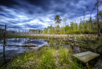 A long exposure HDR landscape photograph taken at the Ballanger Creek Habitat Enhancement Site. Darkened clouds overhead make their way about the sky reflected on water as still as glass.