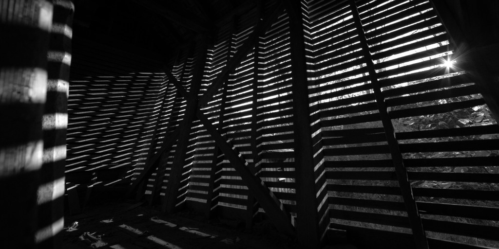 Low key black and white photograph uses strong lines in front of backlit sun to a repetitive effect