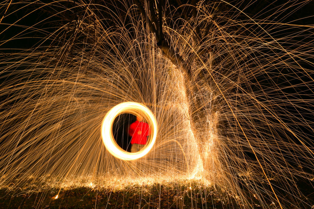 Light painting with steel wool to create an anticyclonic effect.
