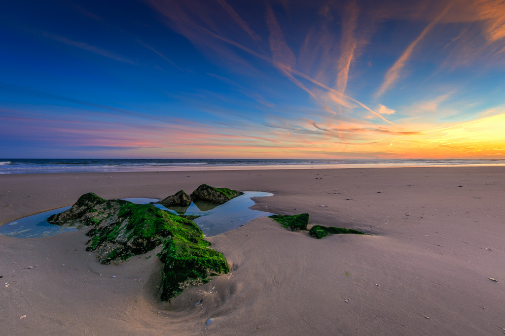 An HDR photograph taken on the beaches of Holgate, NJ just after a late winter sunset. Featuring a soft pastel sky with algae laden jetty rock marking the sandy foreground.