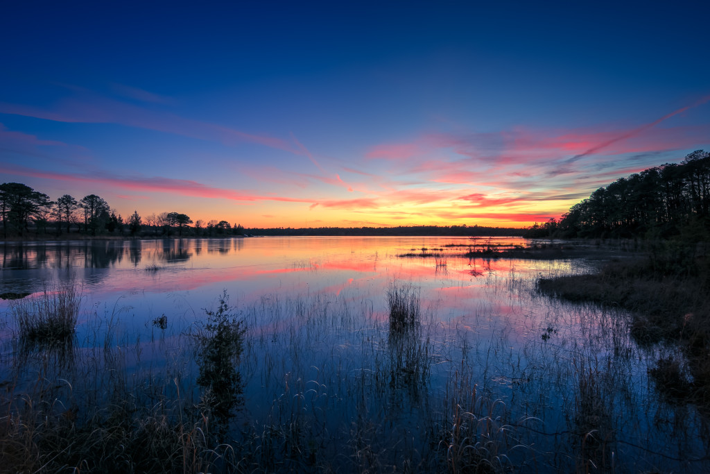 A spectacular HDR photograph taken during blue hour overlooking the front lake at the Stafford Forge Wildlife Management Area. Pastel clouds drape the horizon while marsh grasses are dormant and still in the mirrored reflection of water.