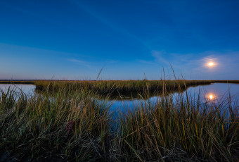 Wide angle landscape photograph of a Full Moon over marsh at blue hour