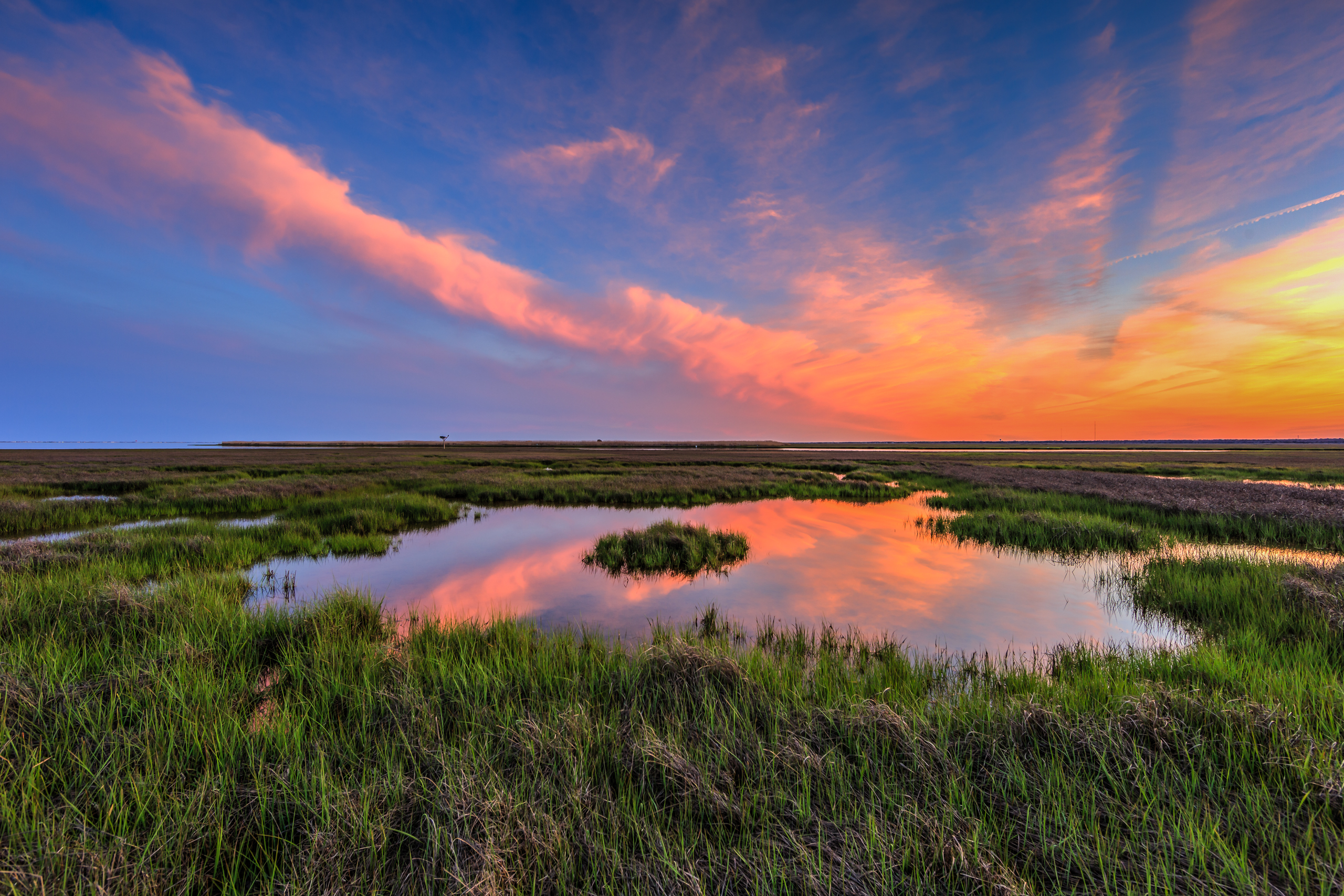 HDR sunset photo of a pastel sunset sky over a green marsh