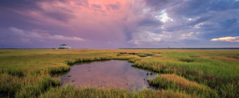 Sunset photo of a pink cumulus cloud over marsh.