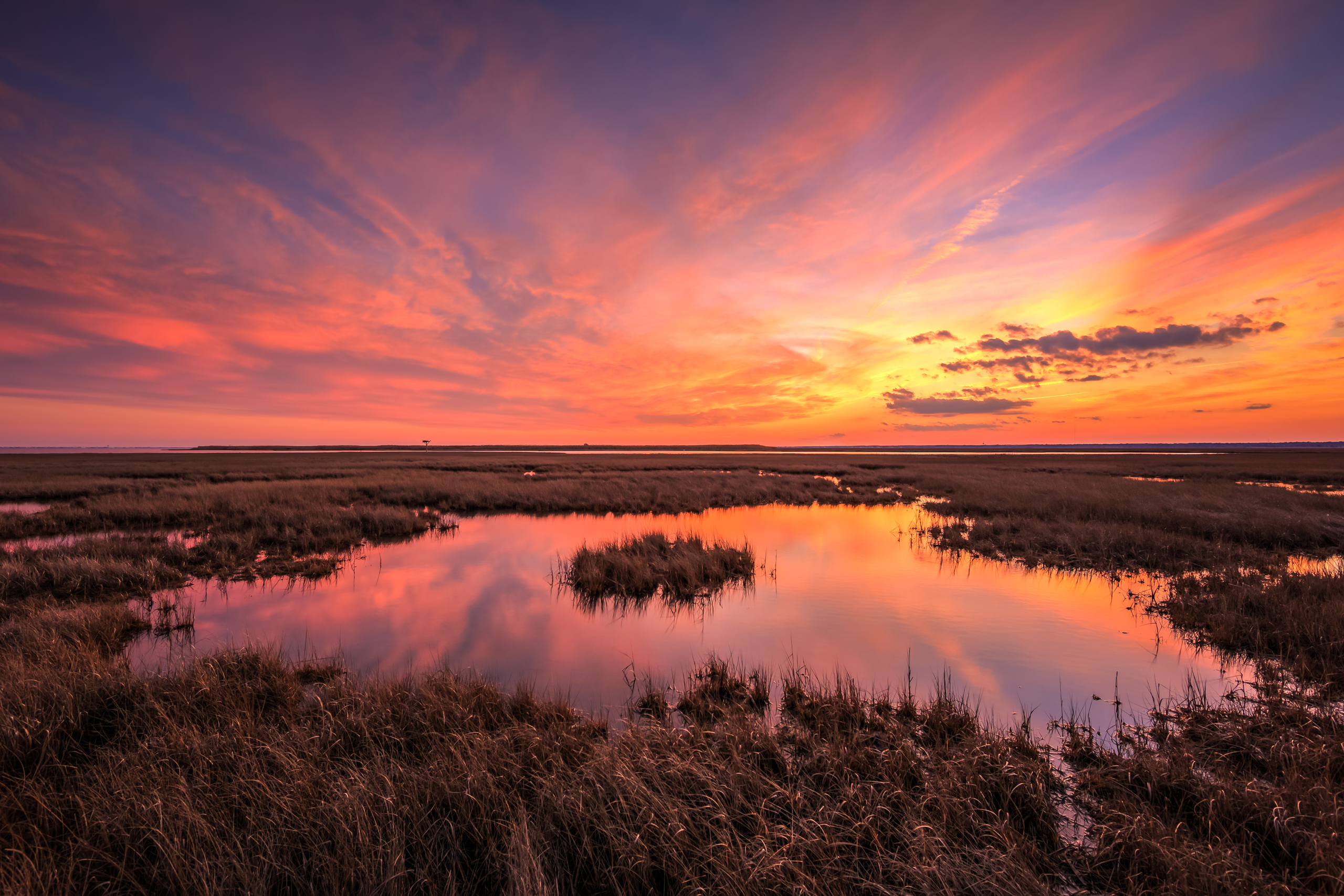 Sunset photo of rich pastel color over saltmarsh.