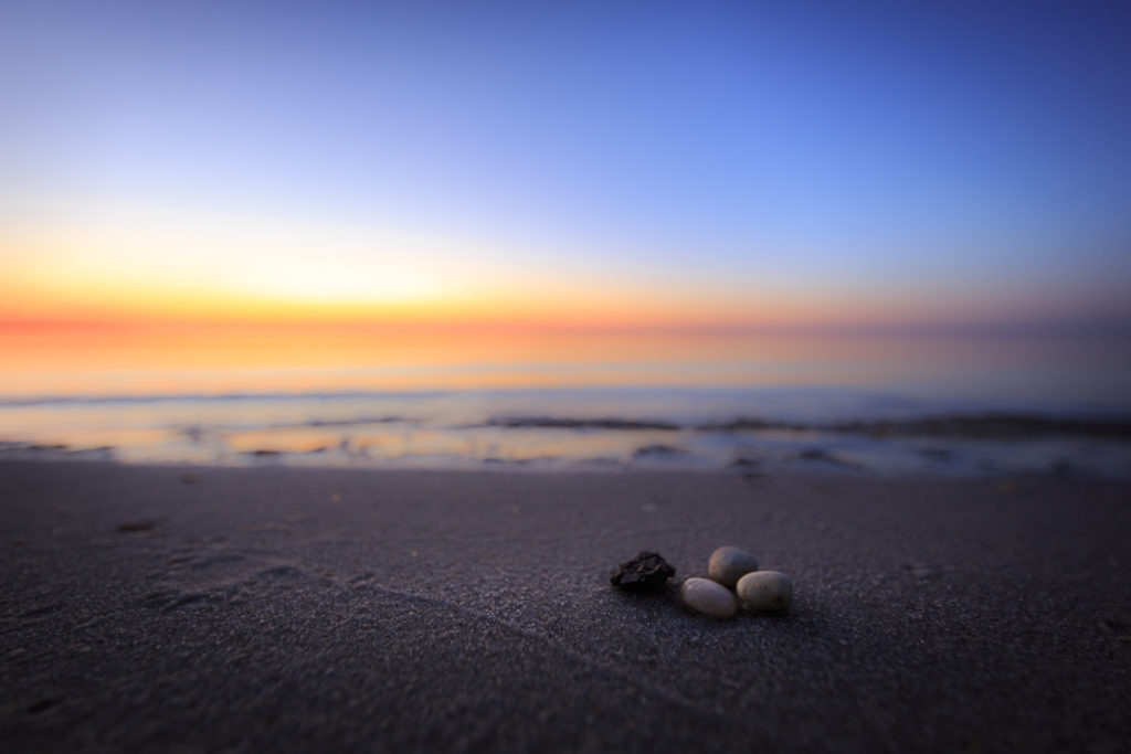 Blue hour photo of four small pebbles set upon an empty bay beach.