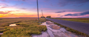 Blue hour photo of marsh, puddles, and power lines along the roadside.