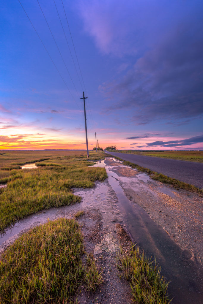  Blue hour photo of marsh, puddles, and power lines along the roadside.