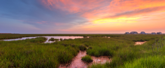 Sunset photo of pastel color clouds over reflective water and green salt marsh.