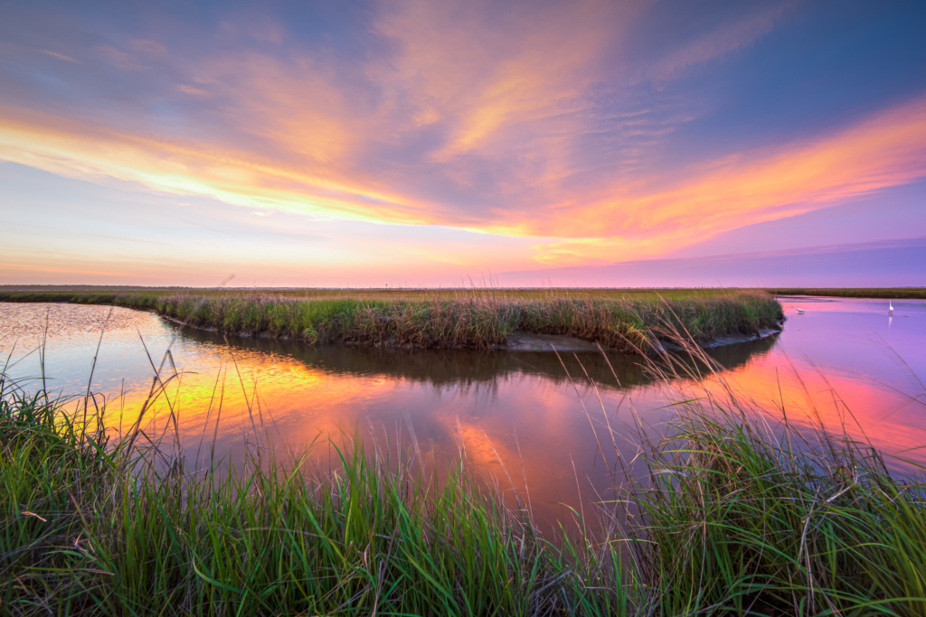 14mm wide angle sunset photo over salt marsh and oxbow water flow with two white egrets standing in the water feeding.