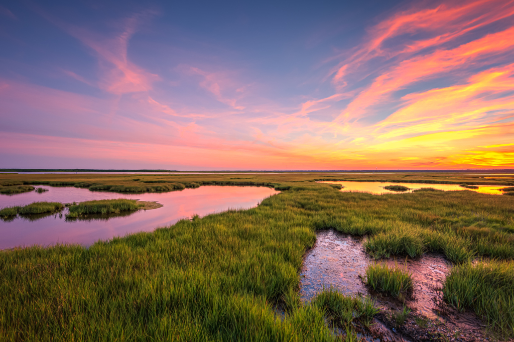 14mm wide angle sunset photo made over salt marsh and tide pools.