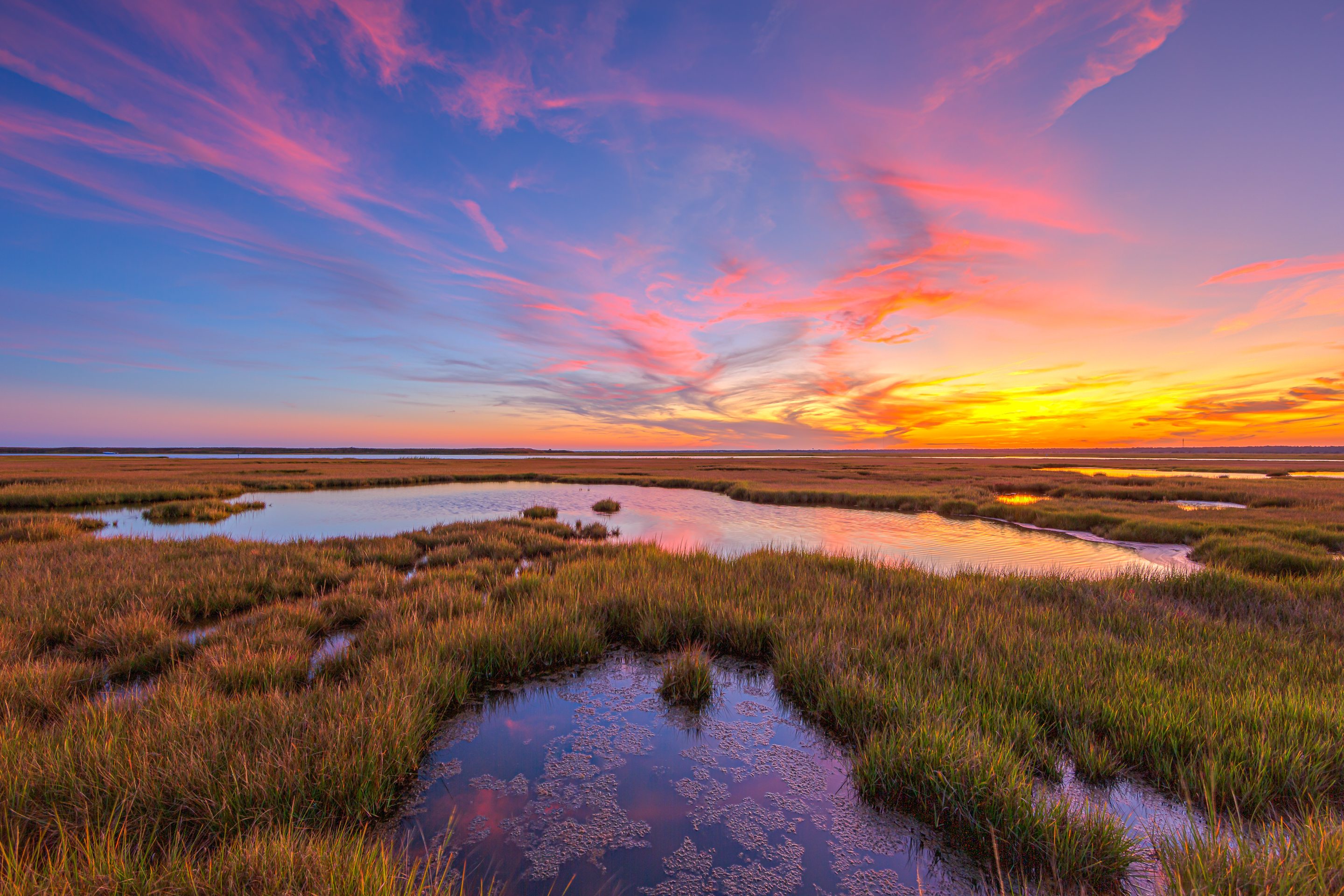14mm wide angle sunset photo of a salt marsh with cotton candy pastel clouds, deep blue sky, and rich sunset colors.