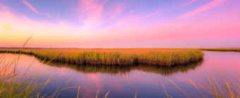 14mm wide angle sunset photo with pastel clouds, salt marsh, and calm reflective water.