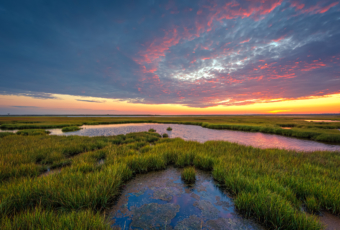 14mm wide angle HDR photo of Cedar Run Dock Road salt marsh right at sunset. Pink tones kiss a low level cloud deck to color up the sky.