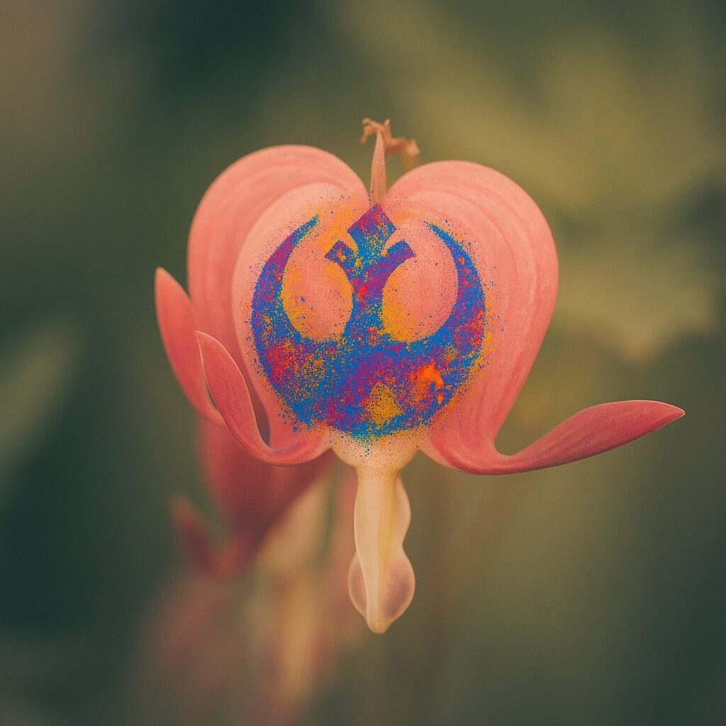 ChatGPT aided creation. AI added a Sabine Wren inspired Rebel Alliance starbird superimposed on a 100mm macro Greg Molyneux photograph of bleeding heart flowers.