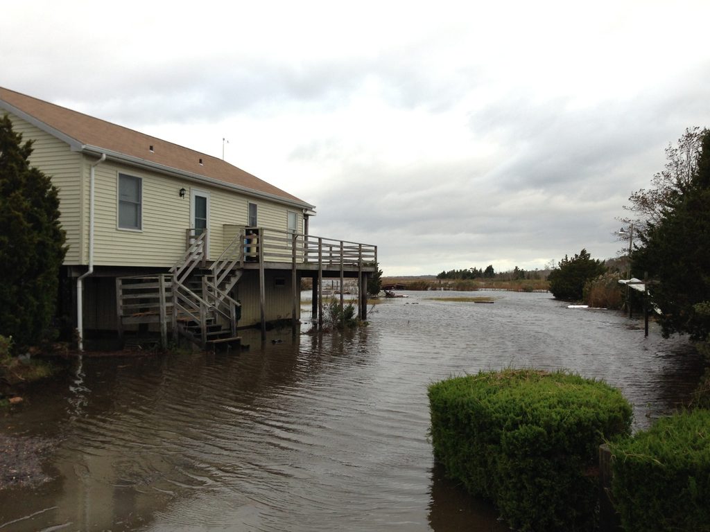 A raised house surrounded by water in a southern New Jersey back-bay landscape.