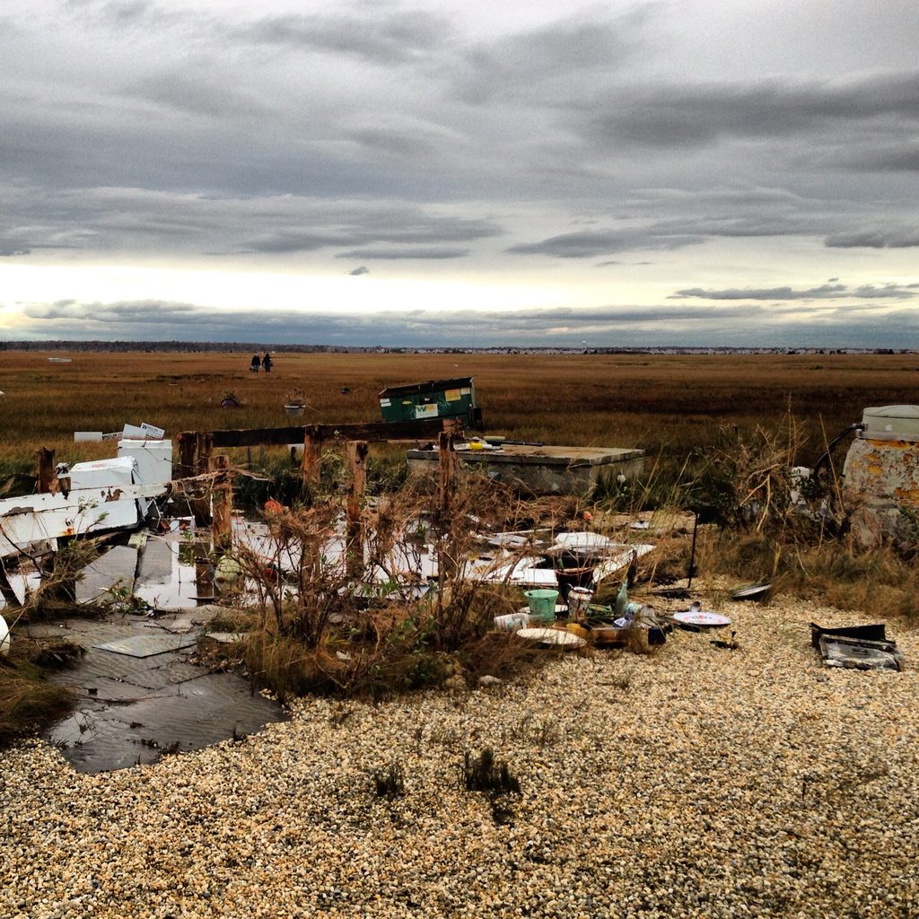 Broken building debris lies in a cleared patch beside marsh grasses under an overcast sky.