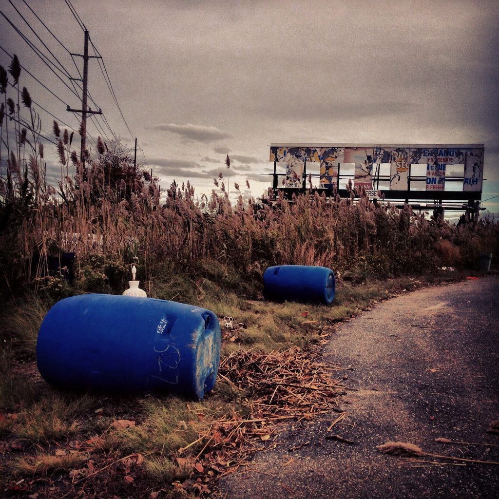 Blue barrels lie beside a dirt path while weathered billboards stand beyond tall marsh grasses.