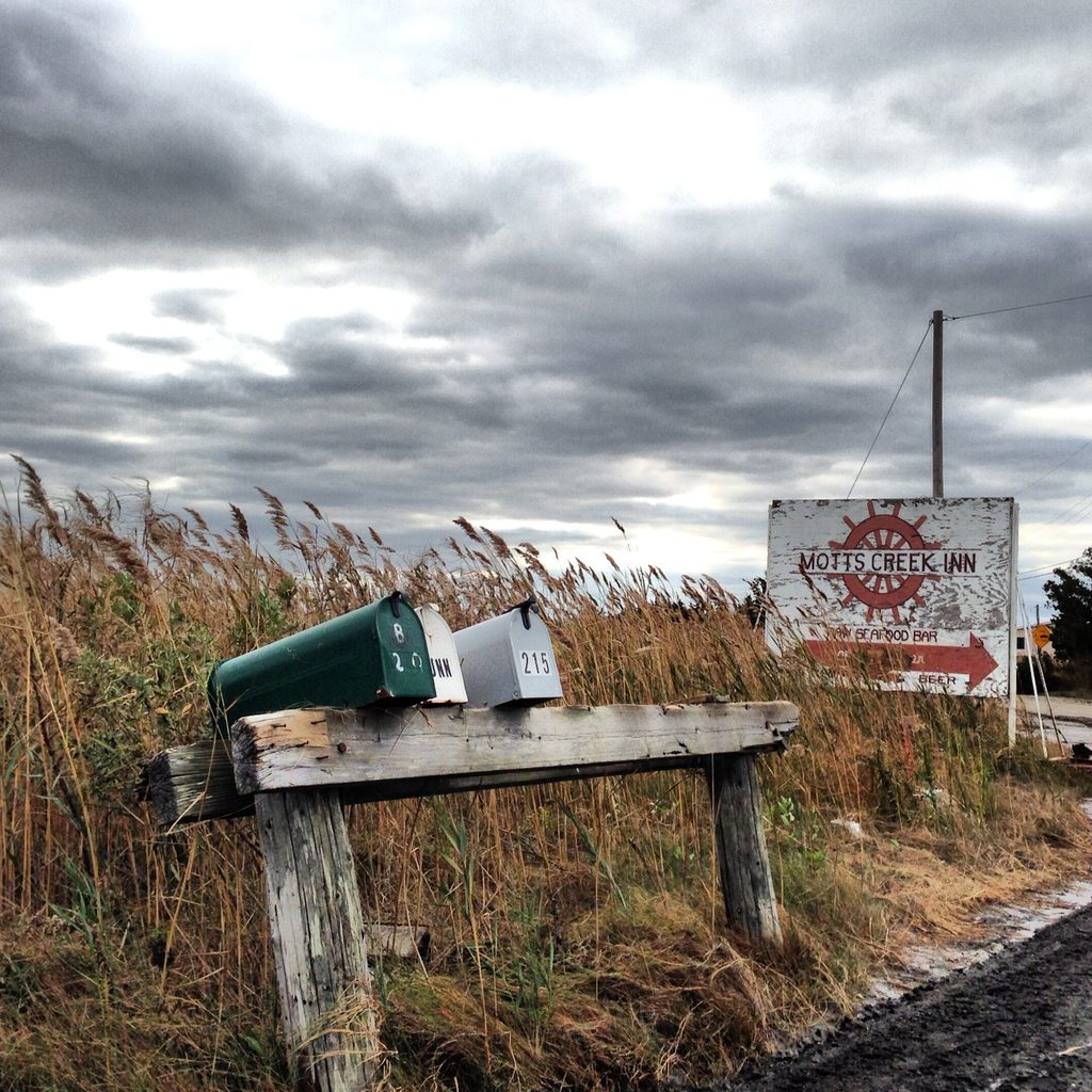 A weathered Mott's Creek Inn sign and mailboxes stand beside a narrow marsh road.