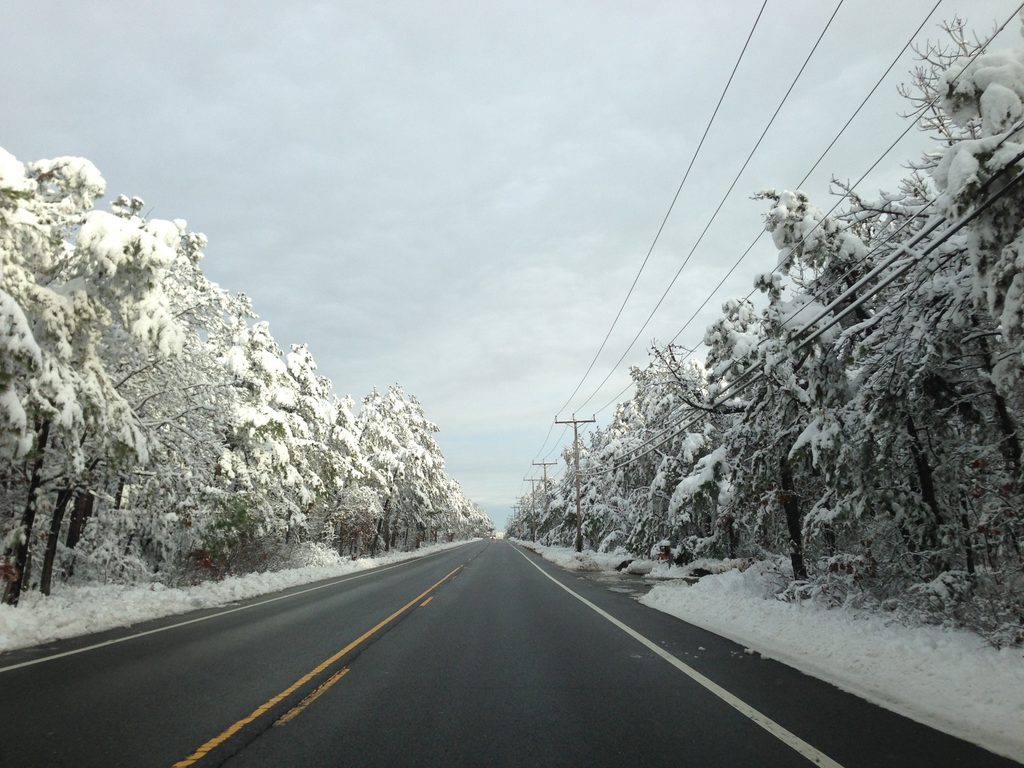 A two-lane road extends through trees coated in early-season snow.